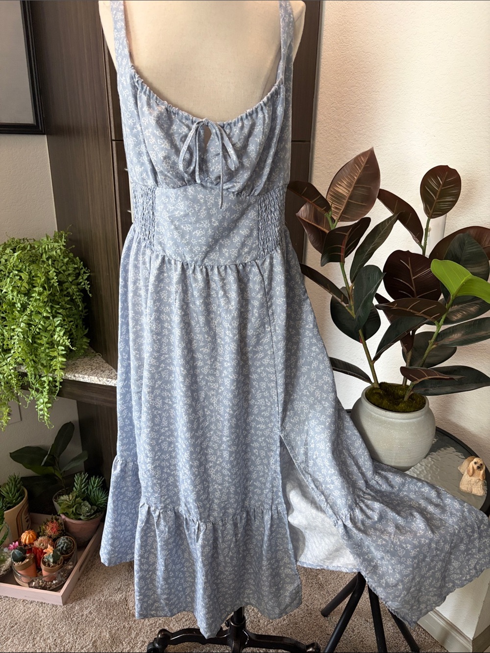 indulge Light Blue Floral Maxi Dress with Smocked Waist